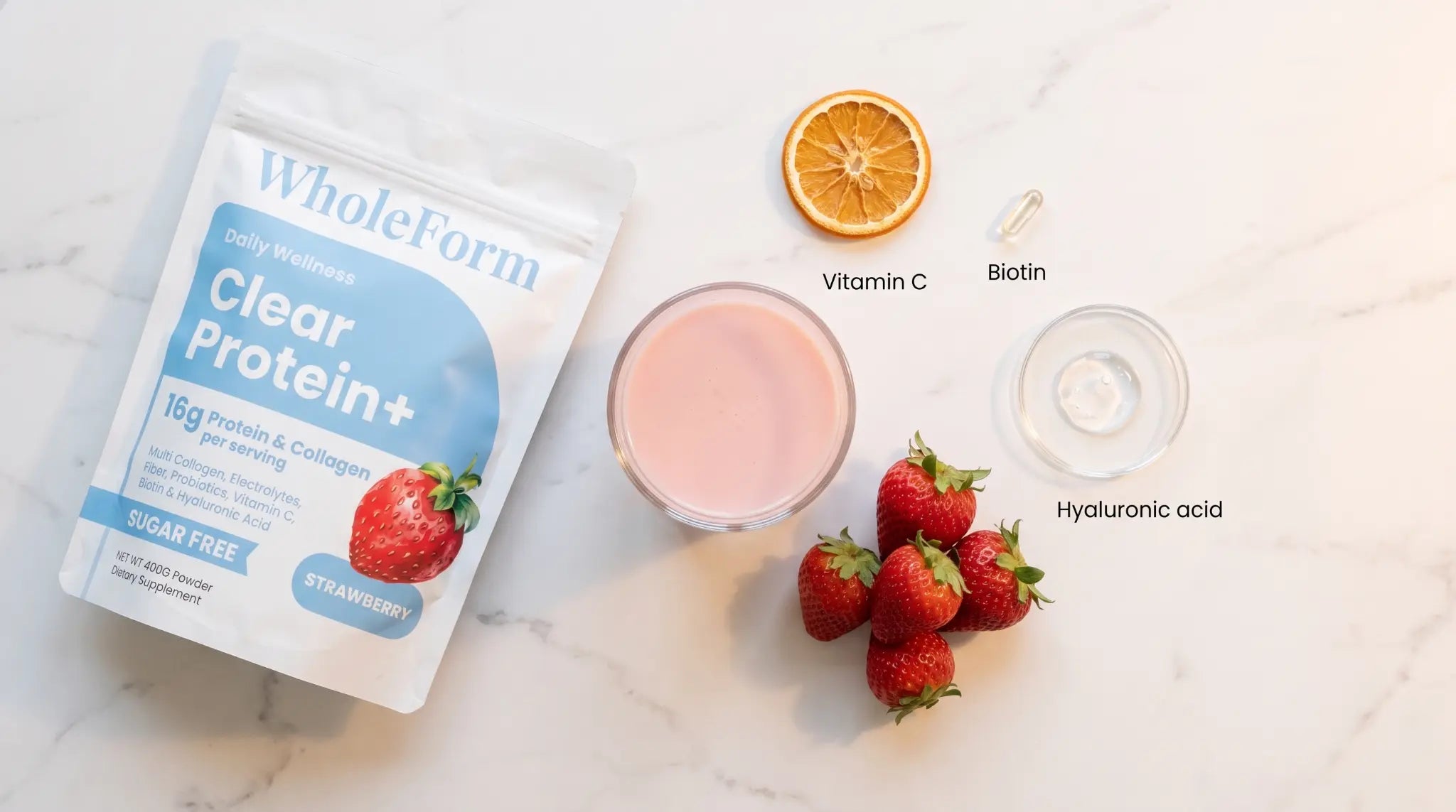 WholeForm Clear Protein+ with vitamin C, biotin, and hyaluronic acid