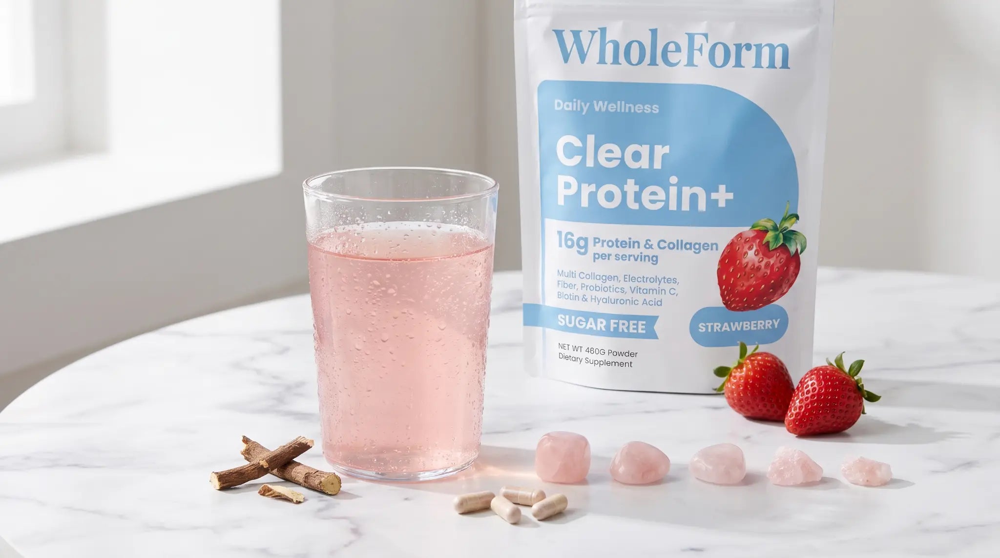 Refreshing strawberry Clear Protein+ drink